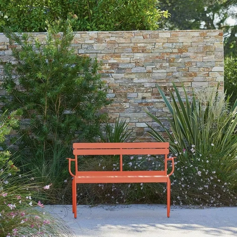 

Modern Metal Garden Bench with Backrest Outdoor Terrace Bench with Backrest Support Weathering Powder Coated Steel Park Bench