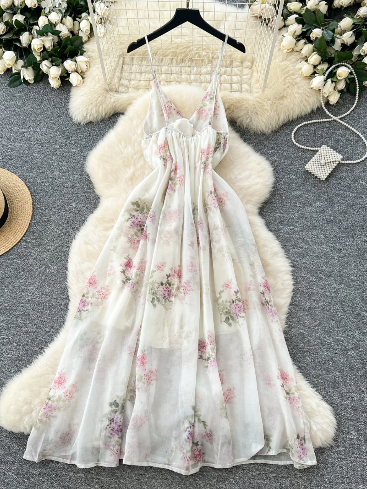 Foamlina French Floral Chiffon Dress V-Neck High Waist Spring Maxi Boho Romatic Dresses For Women Holiday 2025