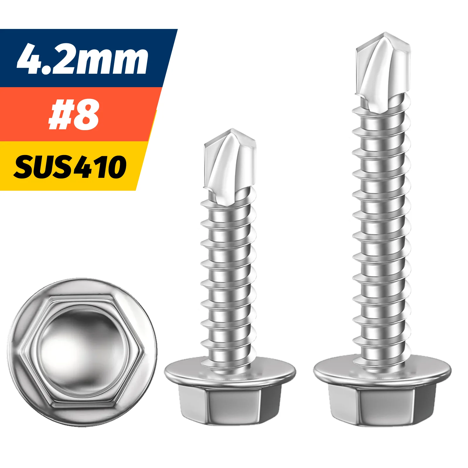 #8 M4.2 Self Tapping Sheet Metal Screws 410 Stainless Steel Hex Washer Head High-Strength Quick Tapping Tek Screws Lath to Metal