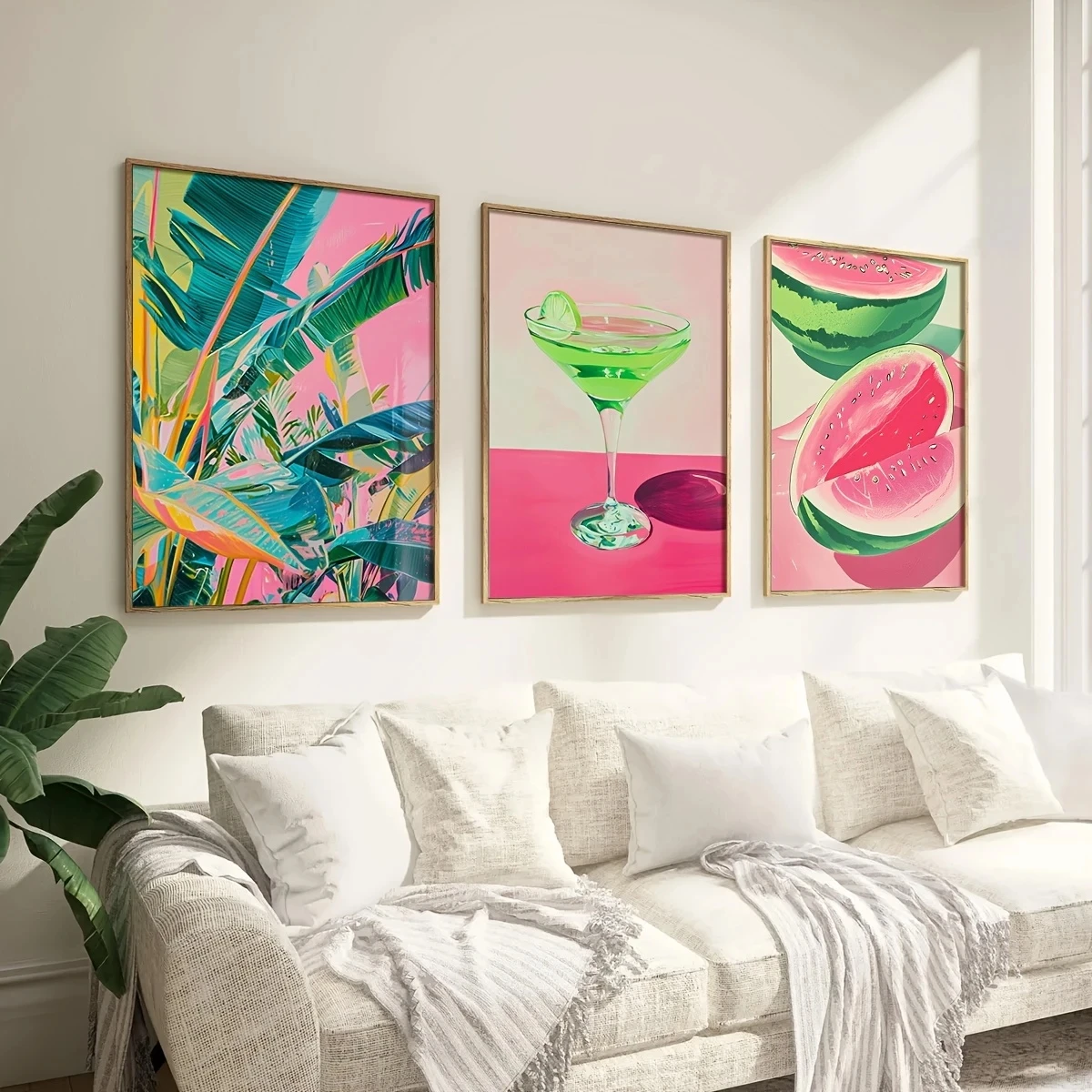 

3pcs/Set Fashionable Dopamine-toned Wall Art Plant Prints Cocktail Watermelon Pattern Posters Modern Canvas Decorative Paintings