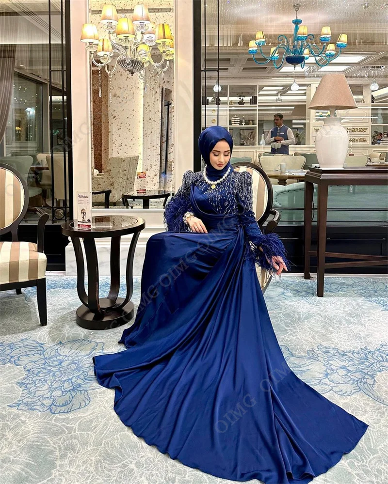 OIM Royal Blue Long Muslim Prom Evening Dresses Sequins A Line Arabic Dubai Hijab Custom Formal Party Gowns Robe De Soiree