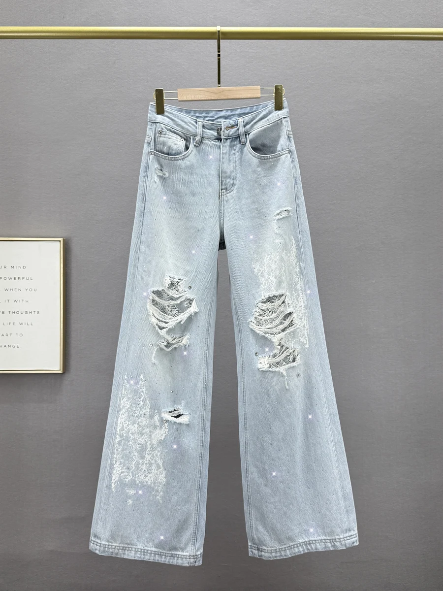 

Модные женские джинсы с высокой талией и широкими штанинами, весна-лето, новинка, свободные, стройнящие, с дизайном в виде алмазных отверстий, брюки в пол