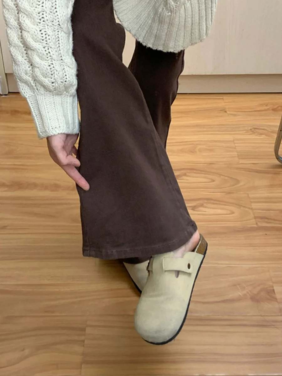 

Коричневые джинсы-клеш с высокой талией для женщин, новые, больших размеров, эластичные, утягивающие, укороченные, маленькие размеры, зимний сезон