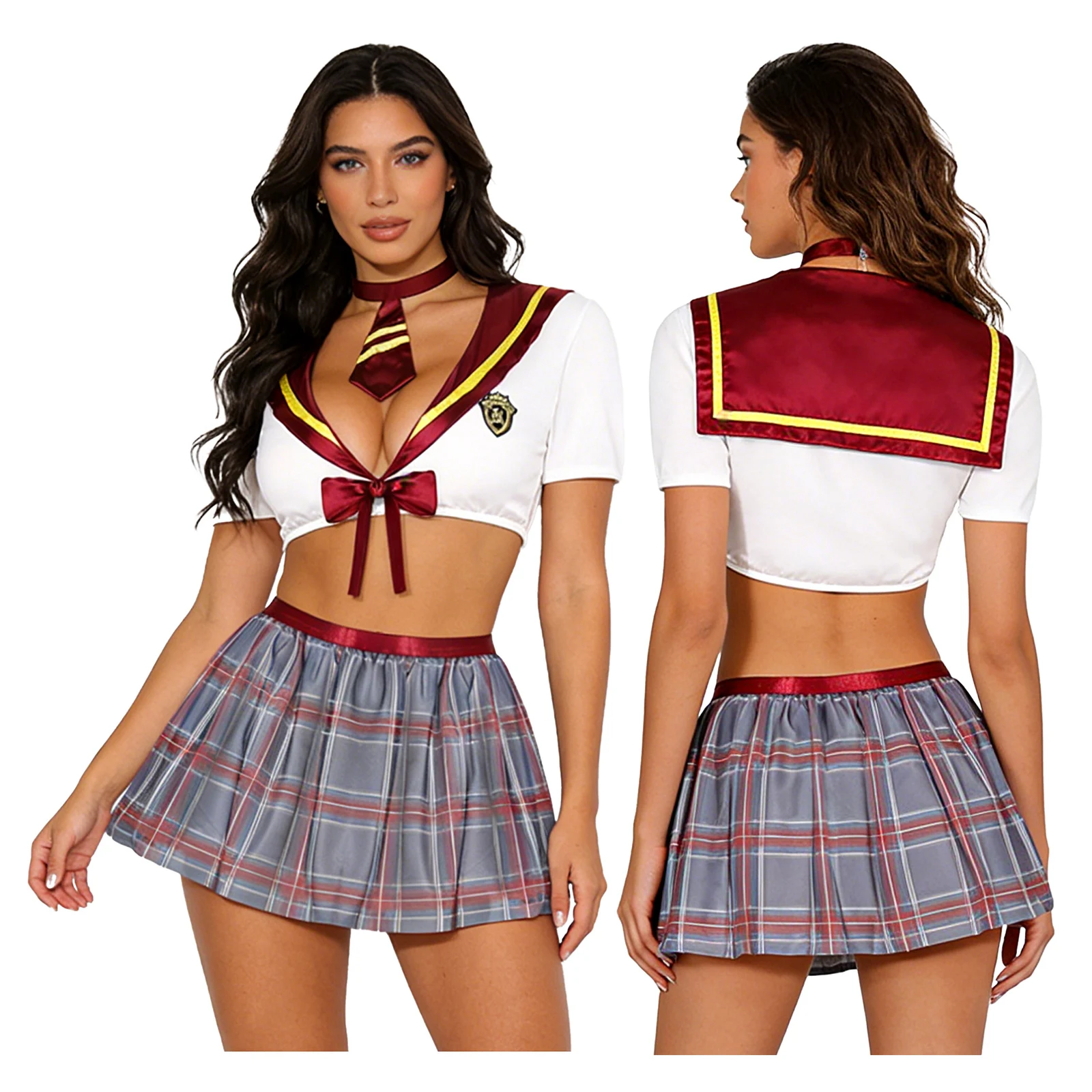 Women Halloween Theme Party Sexy Schoolgirl Cosplay Lingerie Set Crop Top with Necktie Sheer Mini Skirt Thong Fishnet Stockings view 2