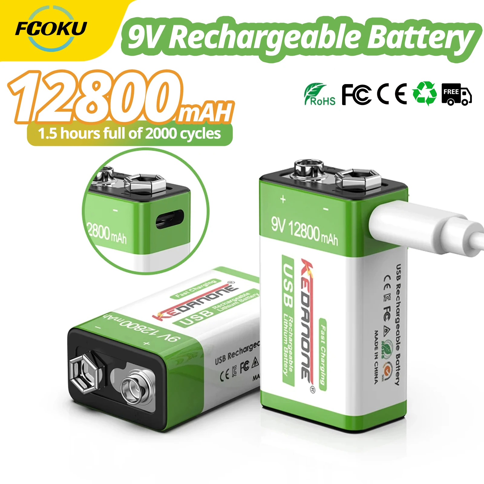 FCOku 1-20 pz 9V 12800mAh batteria ricaricabile agli ioni di litio USB 9V batteria per multimetro microfono giocattolo telecomando batterie KTV