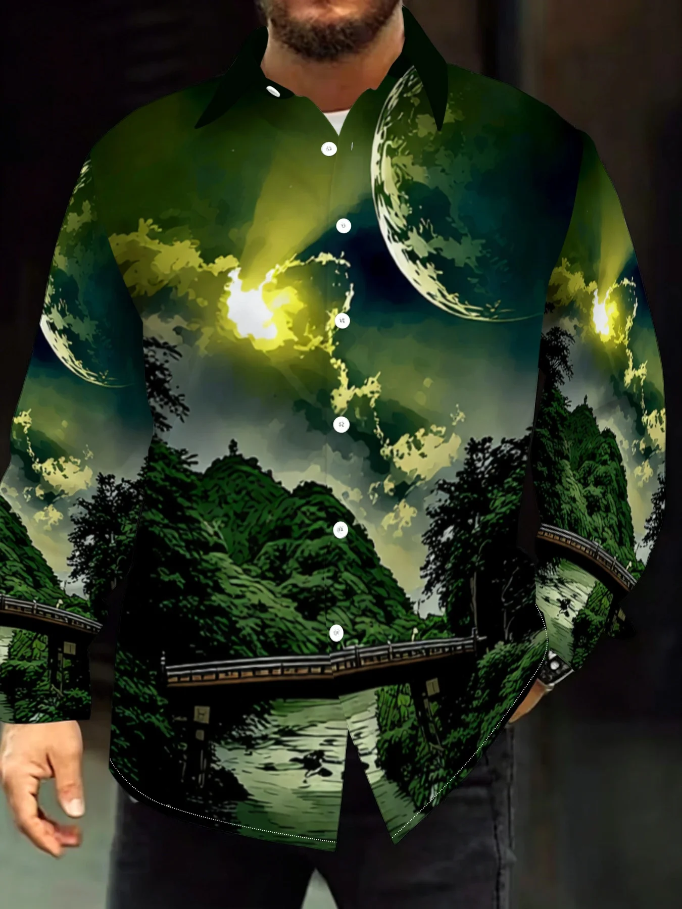 Nature Style Men Lapel Collar Shirt Green Mountain Forest Bridge Night Sky Print Polyester Long-Sleeve Blouse