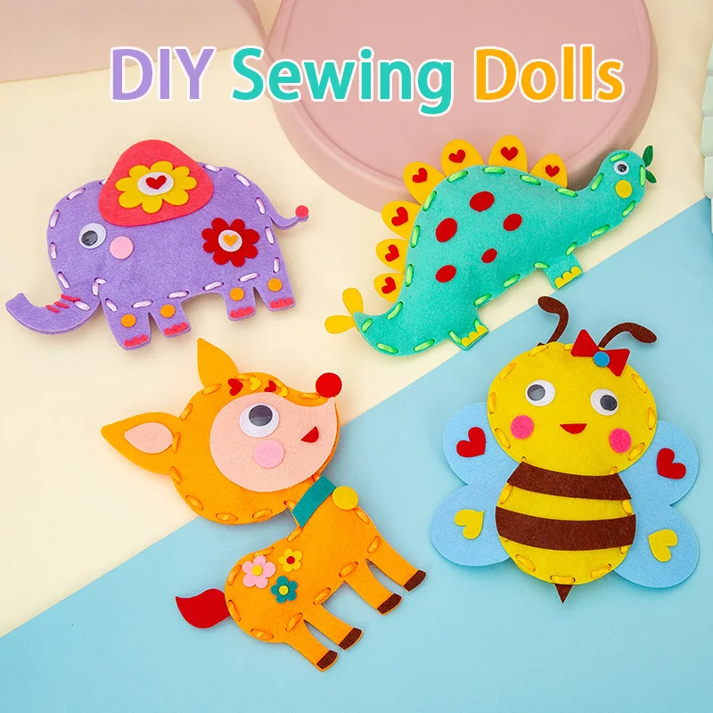 Cute Cartoon Animal Sewing Kits for Kids 3D Dinosaurs Bees Tigers Elephants Threading Dolls Children Early Educational DIY Craft