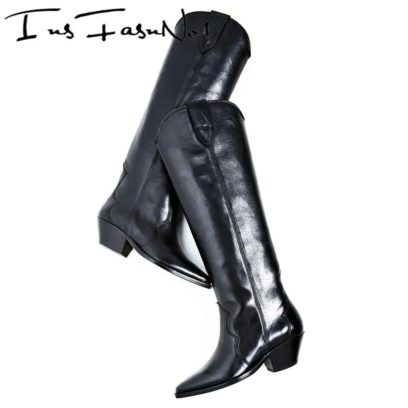 Design Western Women Knee Boots Slip On Black Leather Punk Riding Botas Mujer Sewing Retro Casual Quality Chunky Heel Shoes 2022