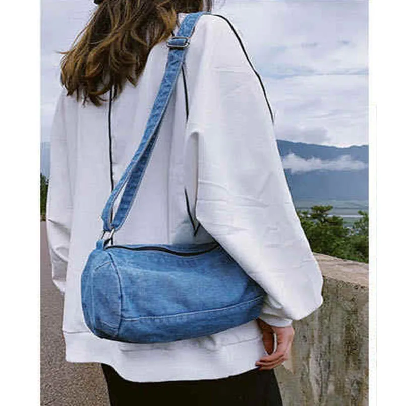 Denim Campus Unisex Large Capacity Shoulder Messenger Crossbody Bags Cylinder Jean Women Purse