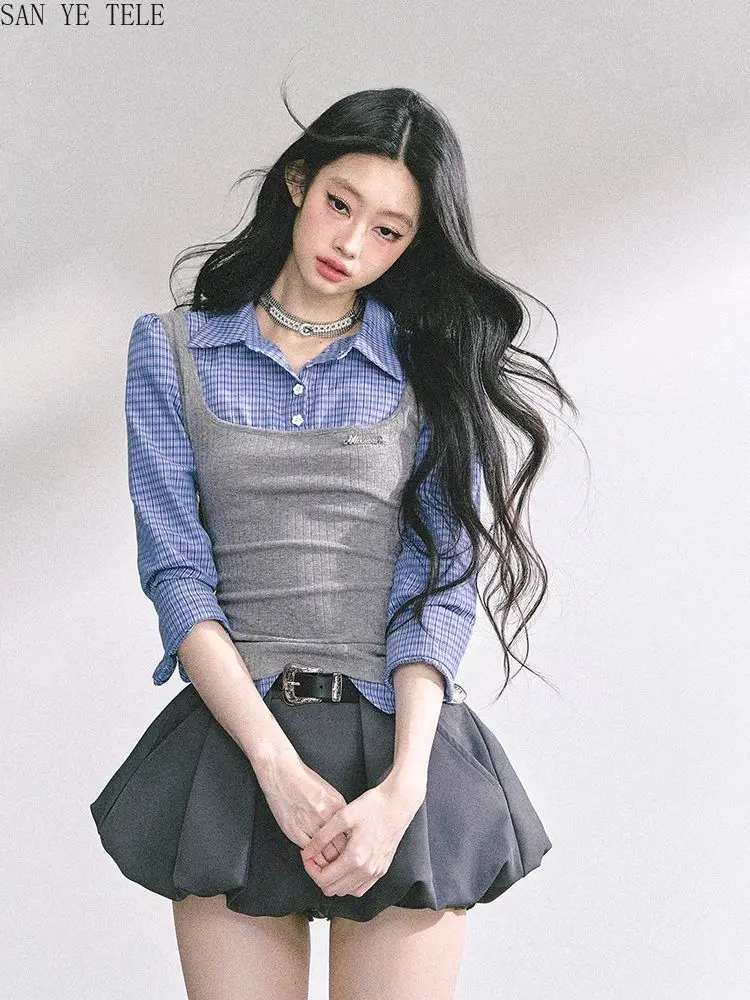 Fake Two-piece Patchwork Checkered Shirt+flower Bud Skirt Two-piece Set Women Fall 2025 Long Sleeve Fashion Cute Preppy Style