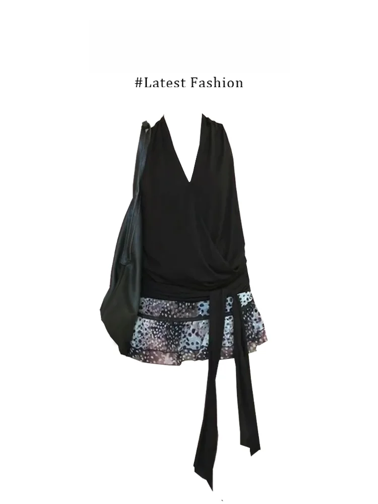 

American Pure Desire Black Halter Neck Strap Vest Top with Leopard Print Skirt Women's Fashion Casual Summer Outfit Set