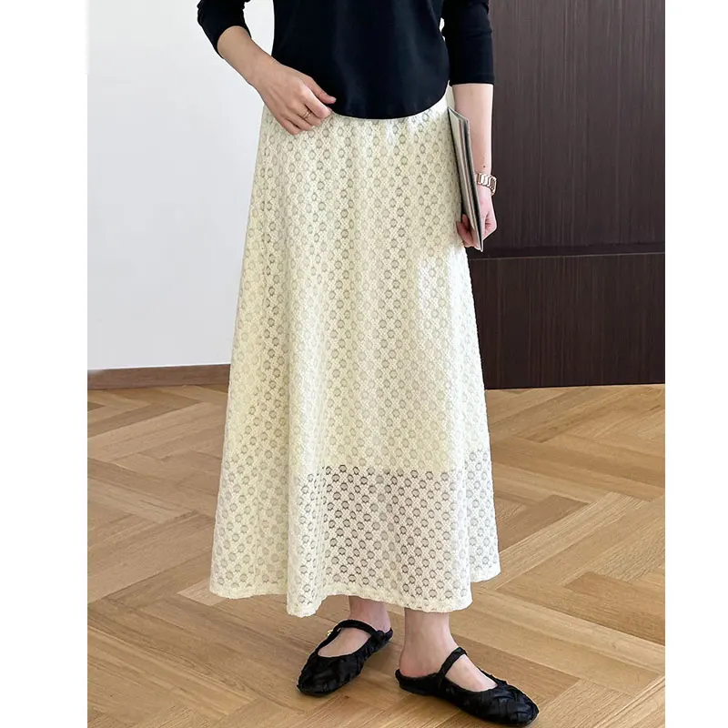 2024 New Arrival Women Lace Skirts Stretch High Waist Women Spring Summer Two Layer A-Line Long Skirts Faldas Femme Streetwear