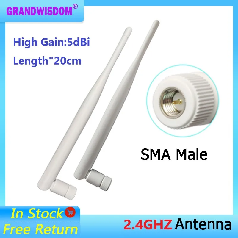 

GWS 1 2pcs 2.4G Antenna high gain 5dbi sma male wlan wifi 2.4ghz antene IT module router signal receiver white 20cm antena