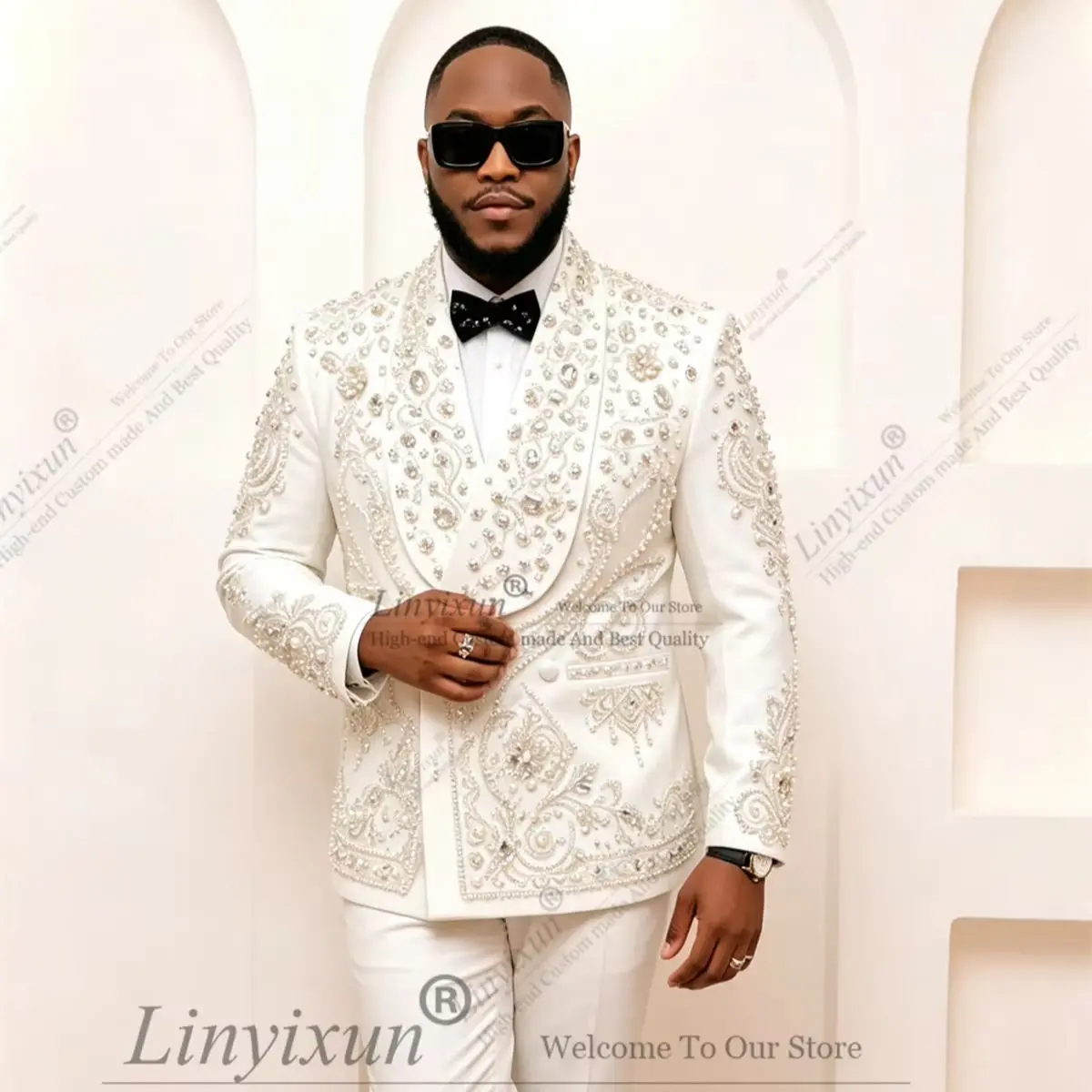Luxury Diamond Beaded Suits Men 2 Piece Suitable for groom Wedding Tuxedos Customized Man Banquet Attire Ropa Hombre