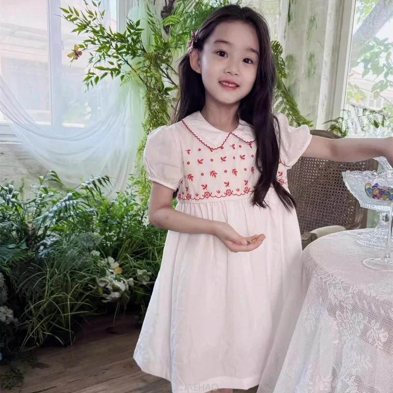 2025 Children White High Waist Red Embroidery Vintage Costume Simple Casual Dresses Clothes Girls Short Sleeve Peter Pan Dress