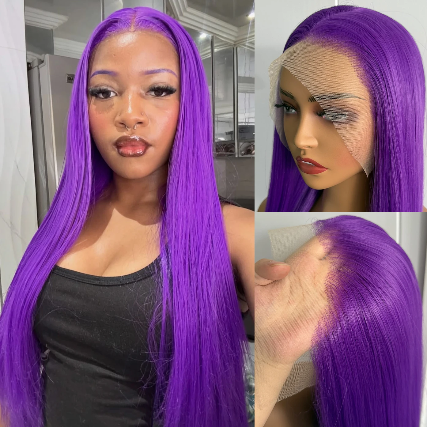 

Парик AIMEYA с фиолетовым кружевным фронтом 13x4, длинный, шелковистый, прямой, синтетический, для повседневной носки и косплея, с естественной линией роста волос, из термостойкого волокна