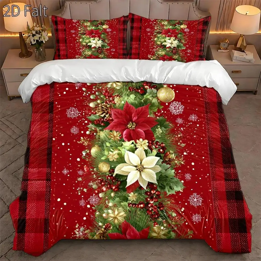 3-Piece Duvet Cover Set with Pillowcases (Without Filling), 2D Flat Printing, Red Christmas Flower and Pine Branch Theme, Oil Painting Realistic Style, Christmas, Suitable for All Seasons, Machine Washable, Invisible Zipper, Large Duvet Cover Set, Bedding Set, Christmas Decoration, a Must-Have for Holiday Atmosphere