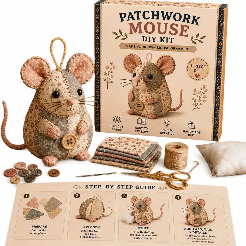 Handmade Patchwork Mouse Kit Step by Step Guide Stuffing Included Patchwork Sewing Craft Set Pre Cut Fabric Buttons Included