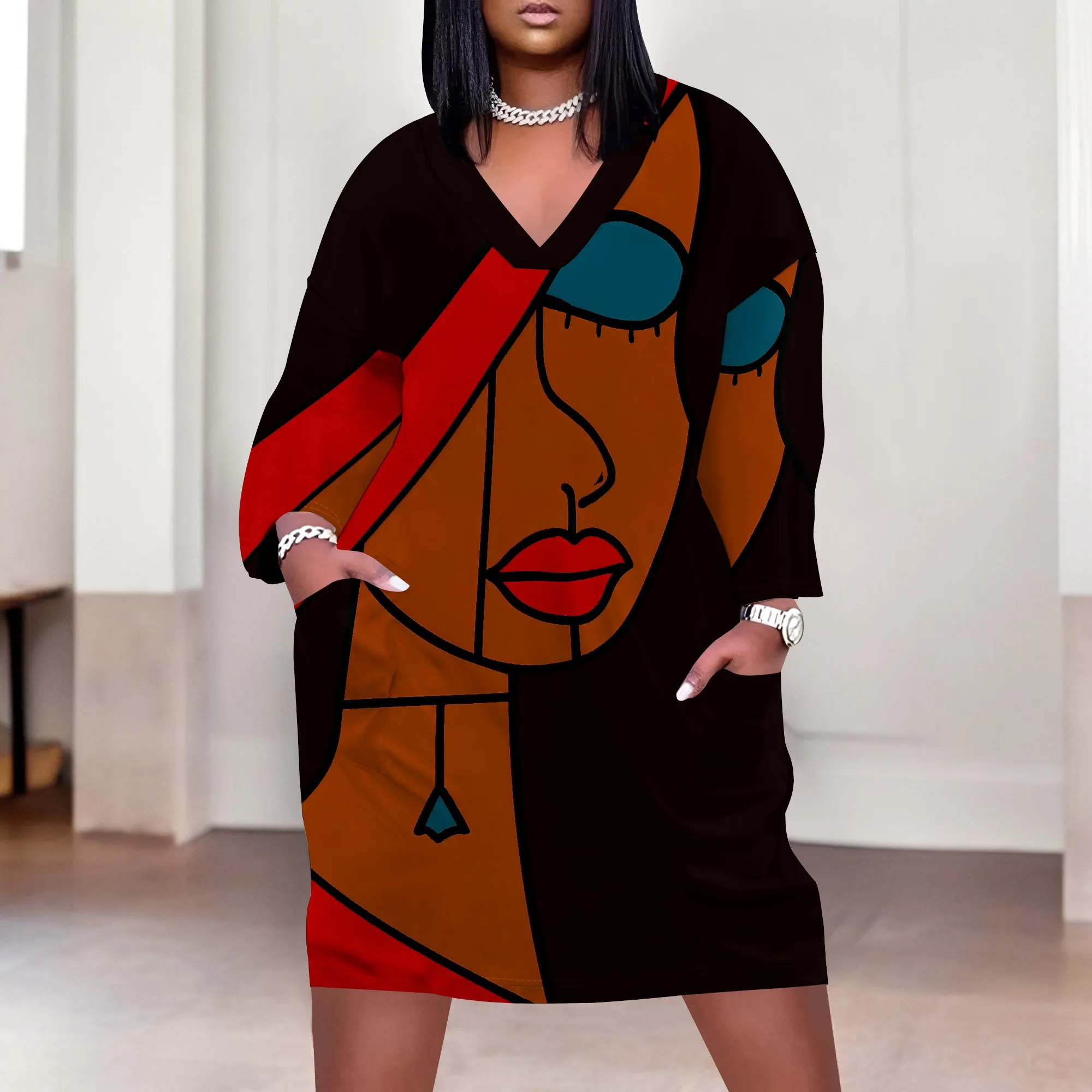 

Abstract Face Women's Maxi Dress XL-6XL, V-Neck Casual Summer Dress with Pockets, Modern Geometric Art Design