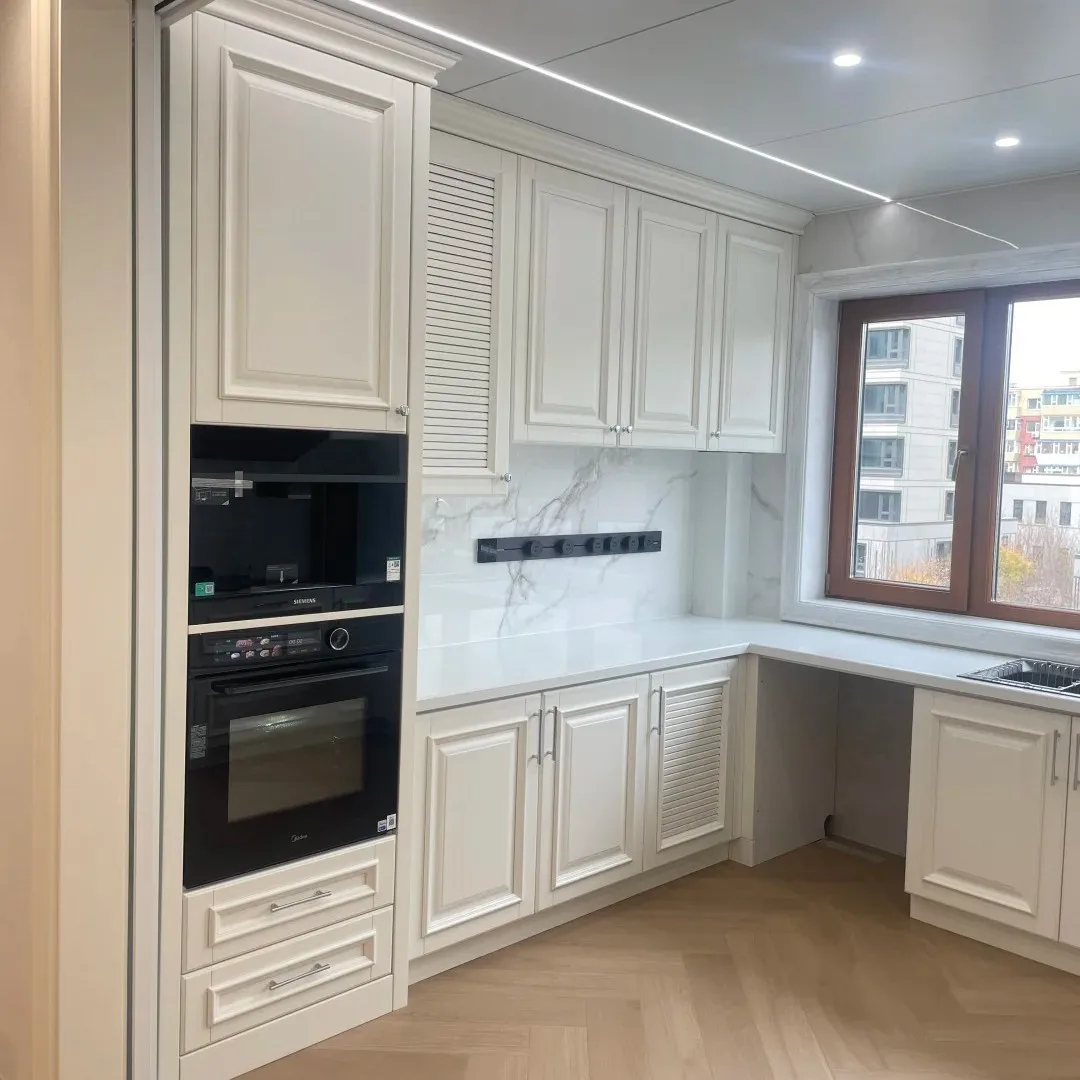 Latest Minimalist French-Style Pine Wood Custom Kitchen Cabinets Water Resistant Multi-Functional Wheels Customizable Color Siz
