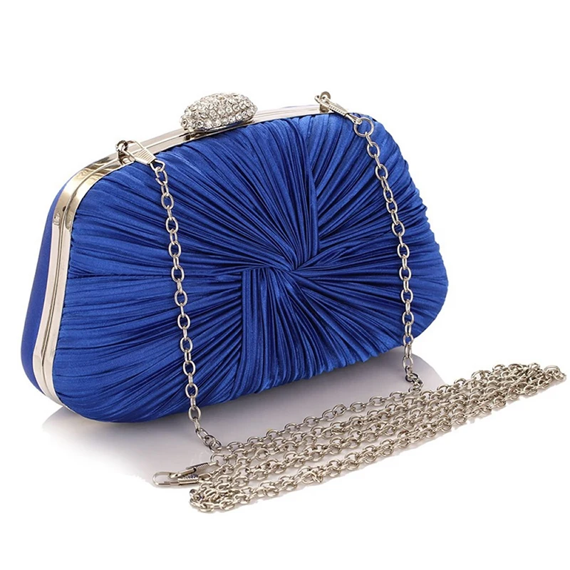 Royal Blue Pleat & Pillow Shaped Clutch Bag Elegant Designer Clutch With Chain Rhinestone Hasp Wedding Bridal Party Purse 2024