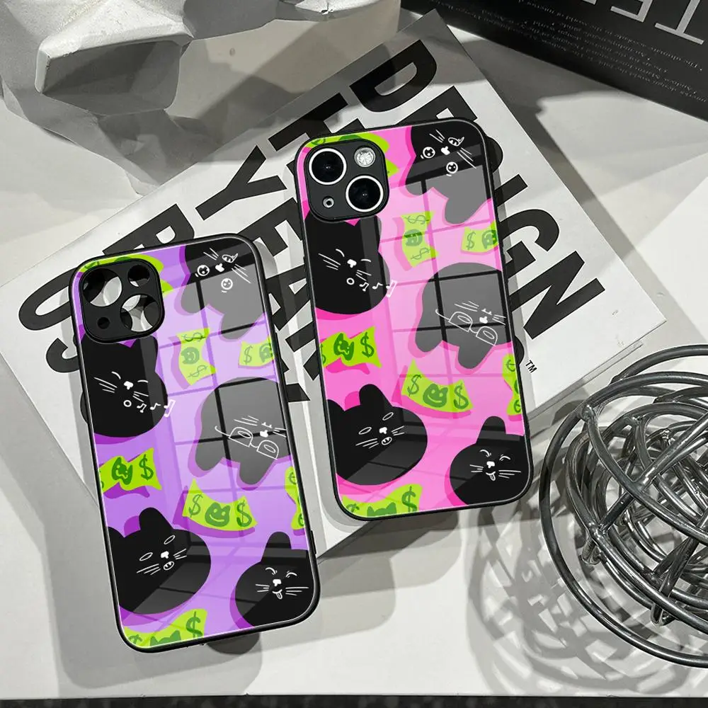 

HYBXAXC Cartoon Cute Cat Black Soft Phone Case Tempered Glass Shell FOR IPhone 16ProMAX 14 17Pro Air 16 Plus 13 Pro MAX Cover