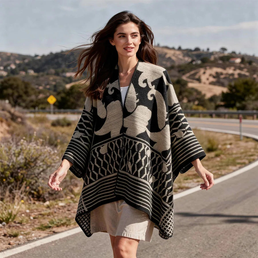 Women Geometric Jacquard Poncho Shawl Oversize Vintage Open Front Faux Cashmere Cape Autumn Winter Casual Travel Warm Wrap