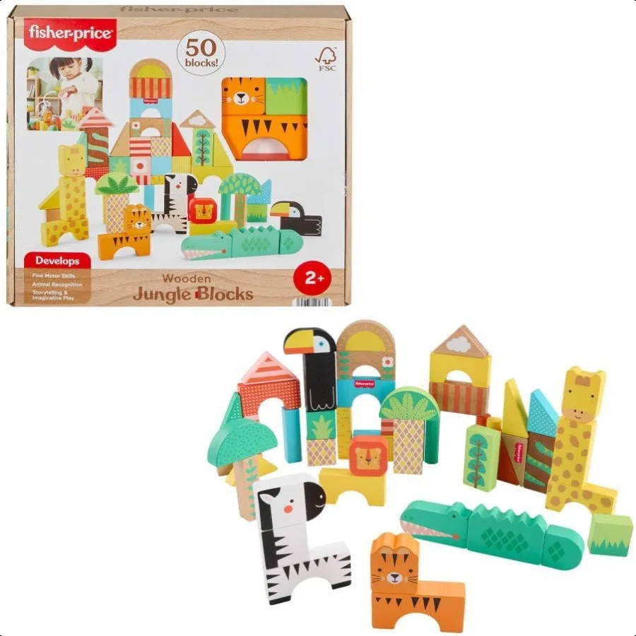 

FisherPrice Toddler Toy Wooden Jungle Blocks 50Piece AnimalThemed Building Set for Preschool Pretend Play Ages 2+ Years