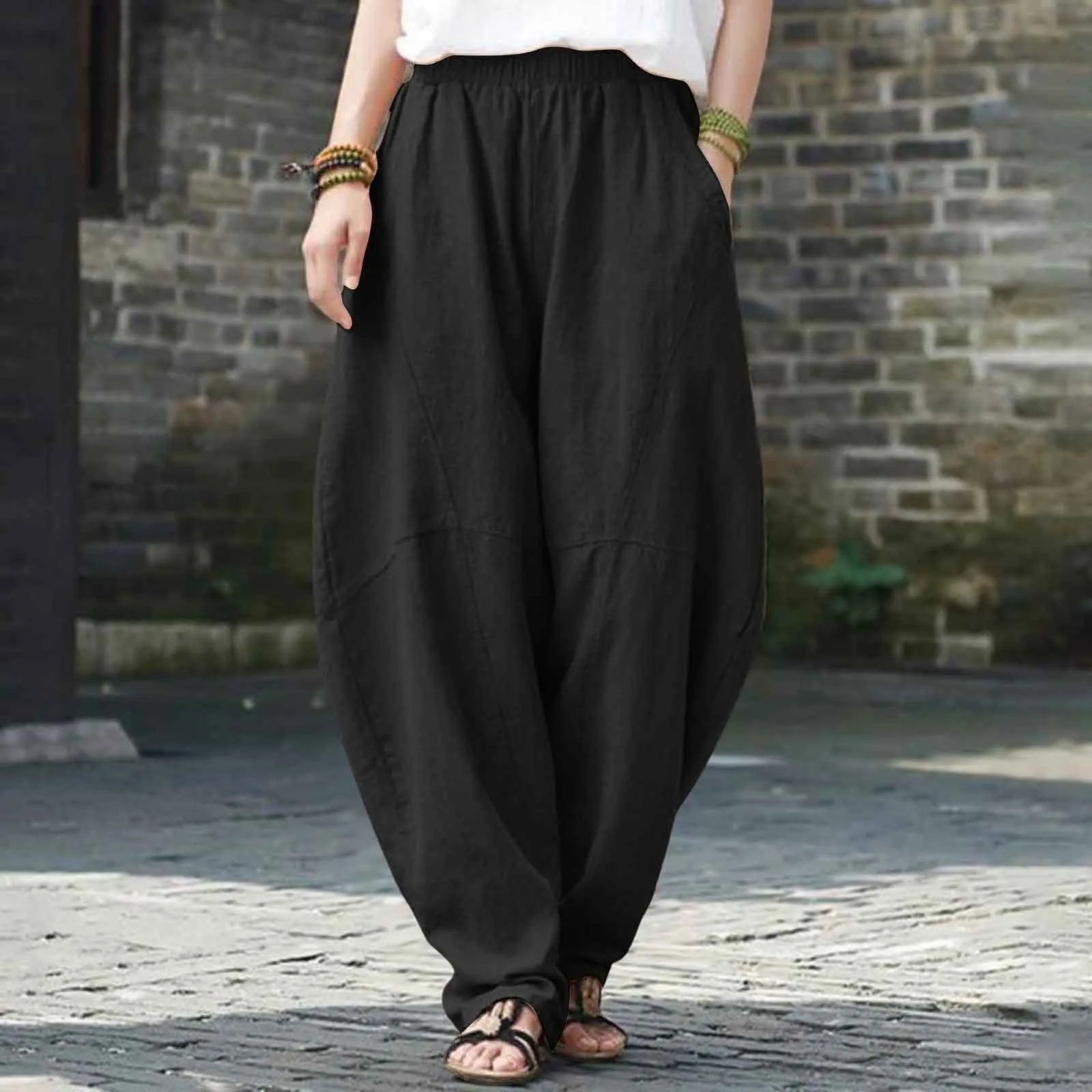 Women'S Fashionable Solid Color Pocket Casual Loose Pants Floor Length Bloomers Women'S Pants Trend Women'S Pants 2024