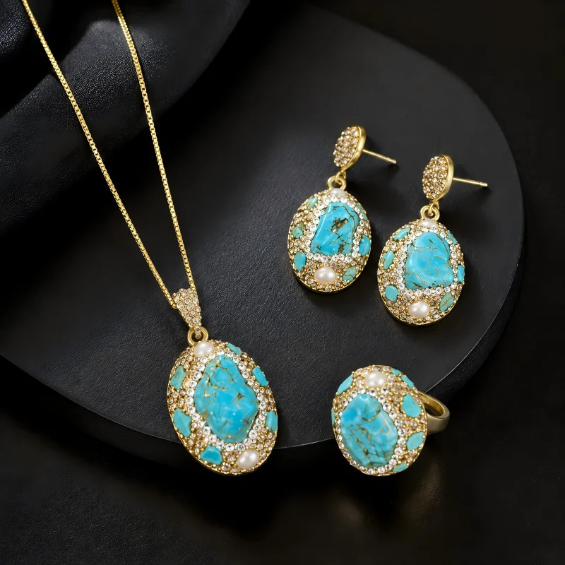 

Elegant Ladies Jewelry Set 3Pcs Turquoise Pearl with Shiny Czech Crystal Inlay for Daily Party Wear