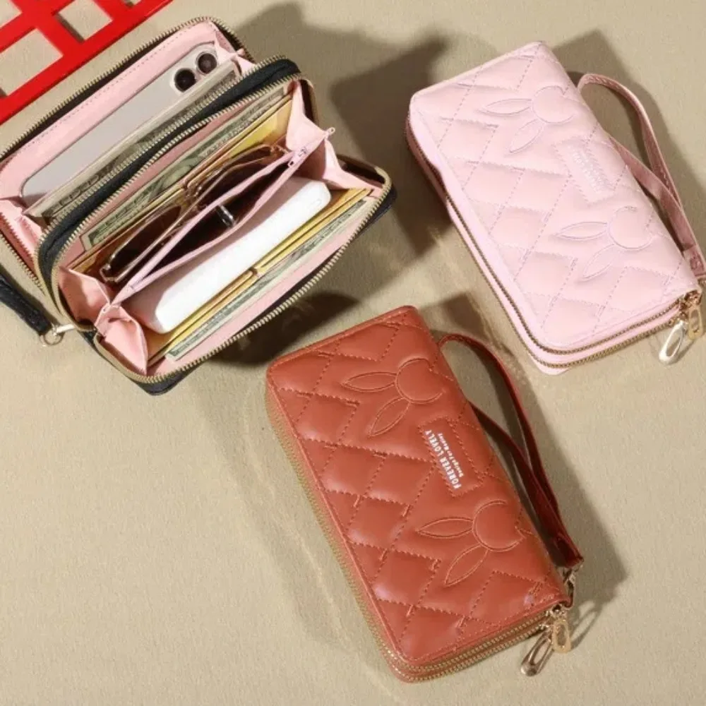 

Premium Solid Color Long Wallet PU Leather With Wristband Coin Purse Multi-functional Card Holder Travel