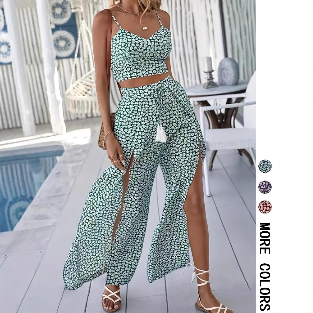 

Fashion Printed Boho Beach Holiday Two-piece Sets Summer Women V-neck Suspender Top + High Waist Slit Wide Leg Trousers Set