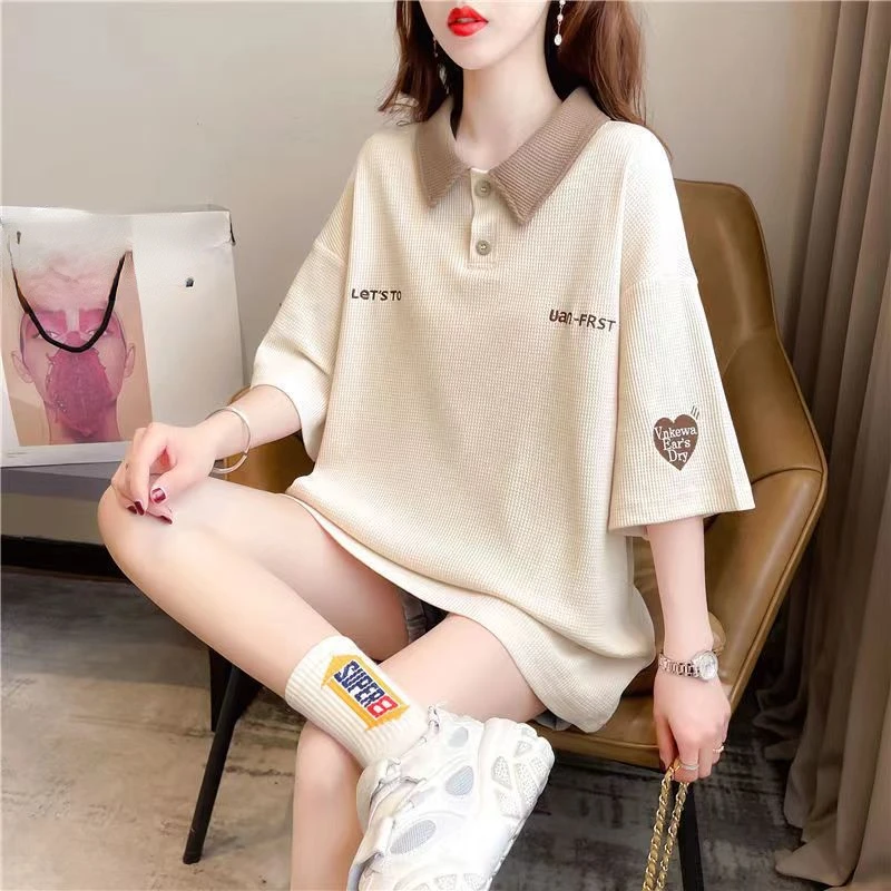 

DAYIFUN Yellow Poloshirts Women Tshirts Short Sleeve Loose Casual Tees Japanese Summer Fashion College Style Sport Student Tops