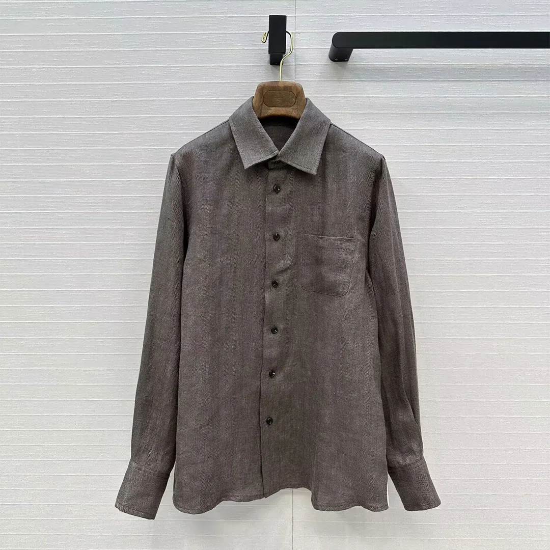 

Old Money Style 100% Linen Loose Shirt Women New Autumn Lapel Long Sleeve Front Pocket Brown Color Vintage Casual Blouse Tops