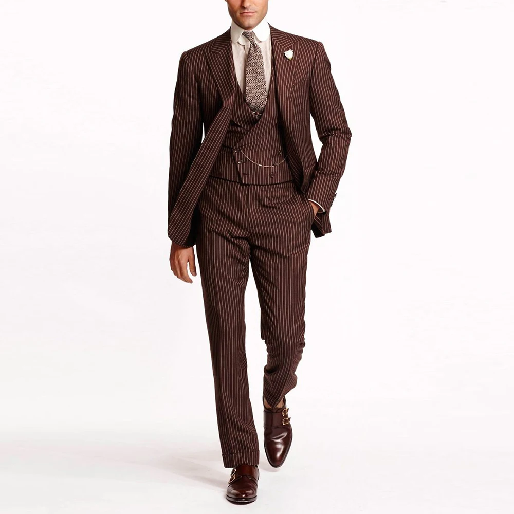 

Brown Stripe Men's 3 Pieces Suits Peak Lapel Single Breasted Brown Blazer Vest Pant Sets Wedding Business Office Custom Suit