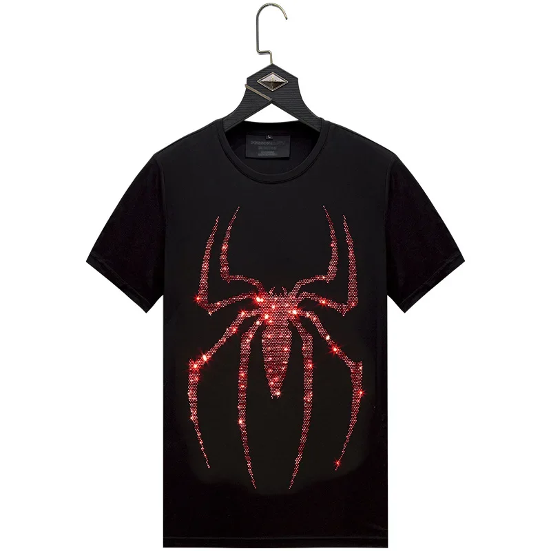 2024 Summer Red Spider Rhinestones T Shirt Men Fashion Streetwear Short Sleeve O Neck Slim Plus Size Man Tshirt Camisetas Hombre