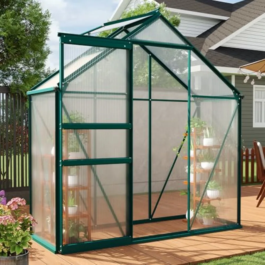 Outdoor polycarbonate walk-in house with adjustable roof vent, sliding door, rain gutter, and aluminum frame in gray