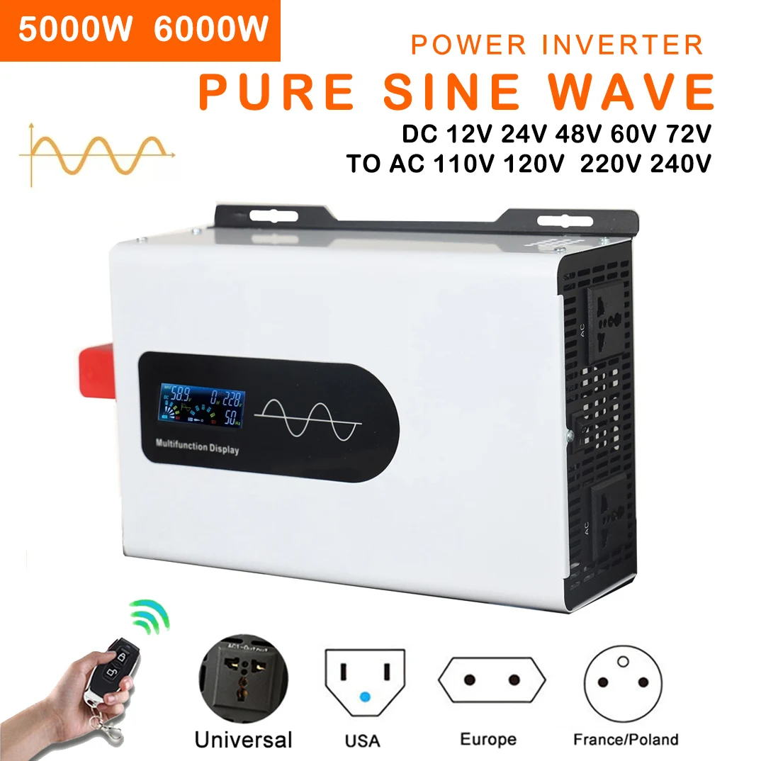 

5000W 6000W Pure Sine Wave Inverter Power 12V 24V 48V 60V 72V To AC 110V 220V Converter Solar Car Inverters Off Grid Transformer