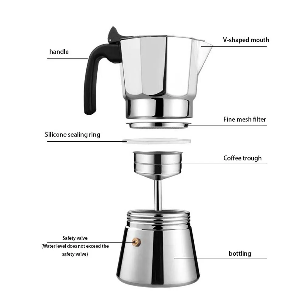 Cafetera Moka espesante de acero inoxidable, cafetera Espresso para el hogar, 6 tazas para estufa de Gas de inducción o estufas eléctricas