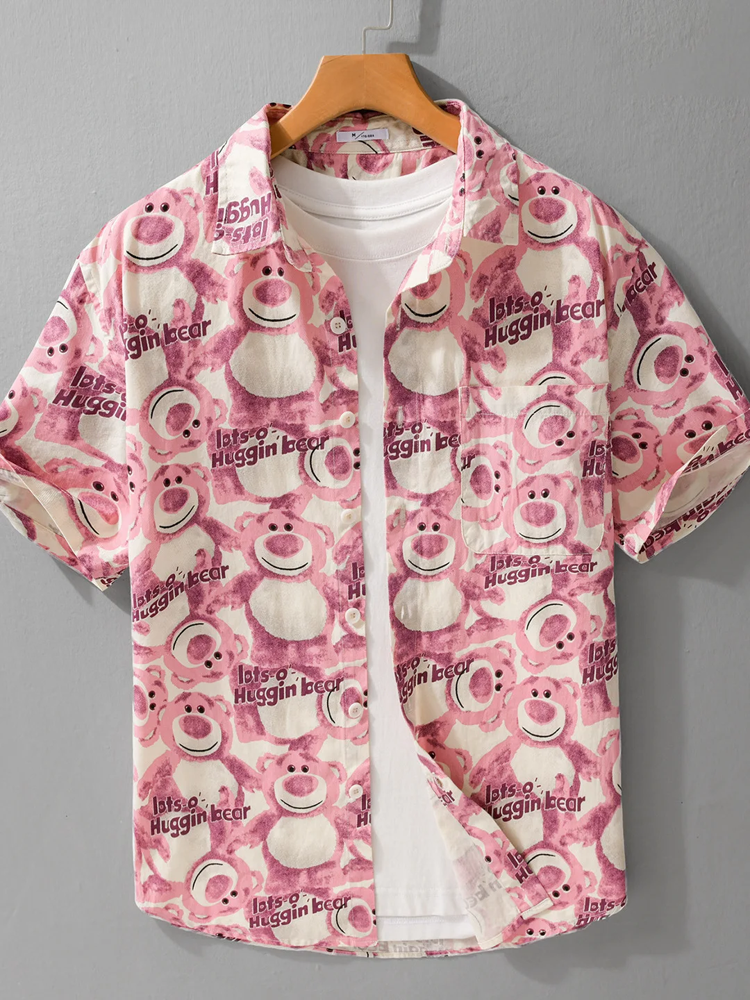 

Bear Print Casual Cotton Shirt Men's Short Sleeve Summer New Style Pure Cotton Pink Letter Print Loose Fit Shirt Design Sense