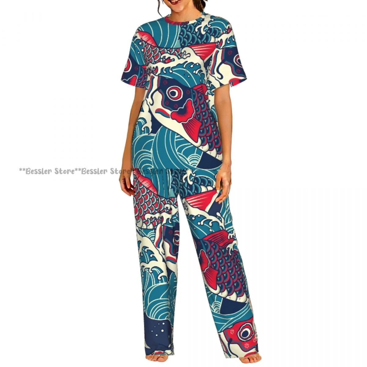 

Женский повседневный пижамный комплект с короткими рукавами и брюками, с ярким японским принтом карпа кои и волнами