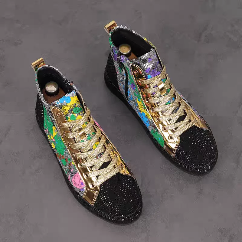 European fashion rhinestone sequin men's high top new network red shoes Korean version breathable high top board shoes view 5