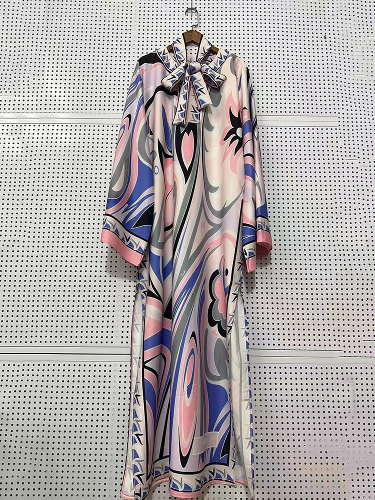 2026 Spring Women's Clothing Retro Geometric Positioned Print Lace-Up Half-Open Collar Pullover Dress Fashion Loose Slit Skirt