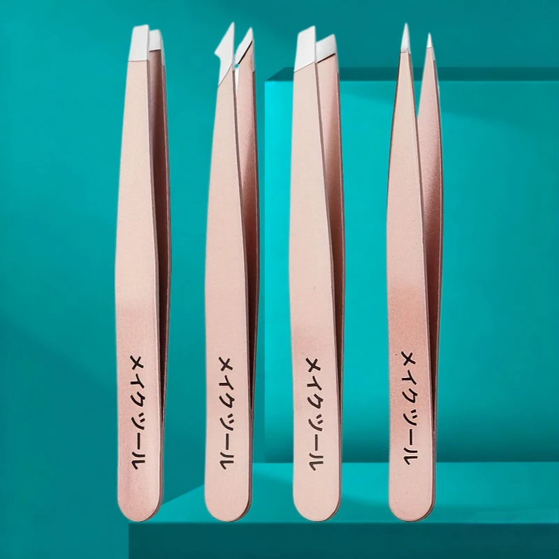 4pcs Rose Golden Tweezers Eyebrow Clips Eyelash Extension High-end Flat Slant Point Eyebrow Beauty Set Stainless Steel Clip