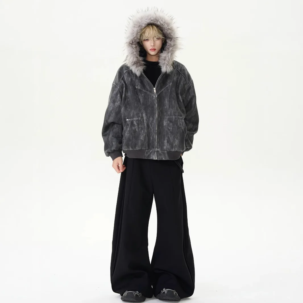 Y2k Condor Style Tie-Dye heren winterjas, luxe vossenbontkraag heren parka's met capuchon, zwaargewicht geïsoleerde warme jas voor heren