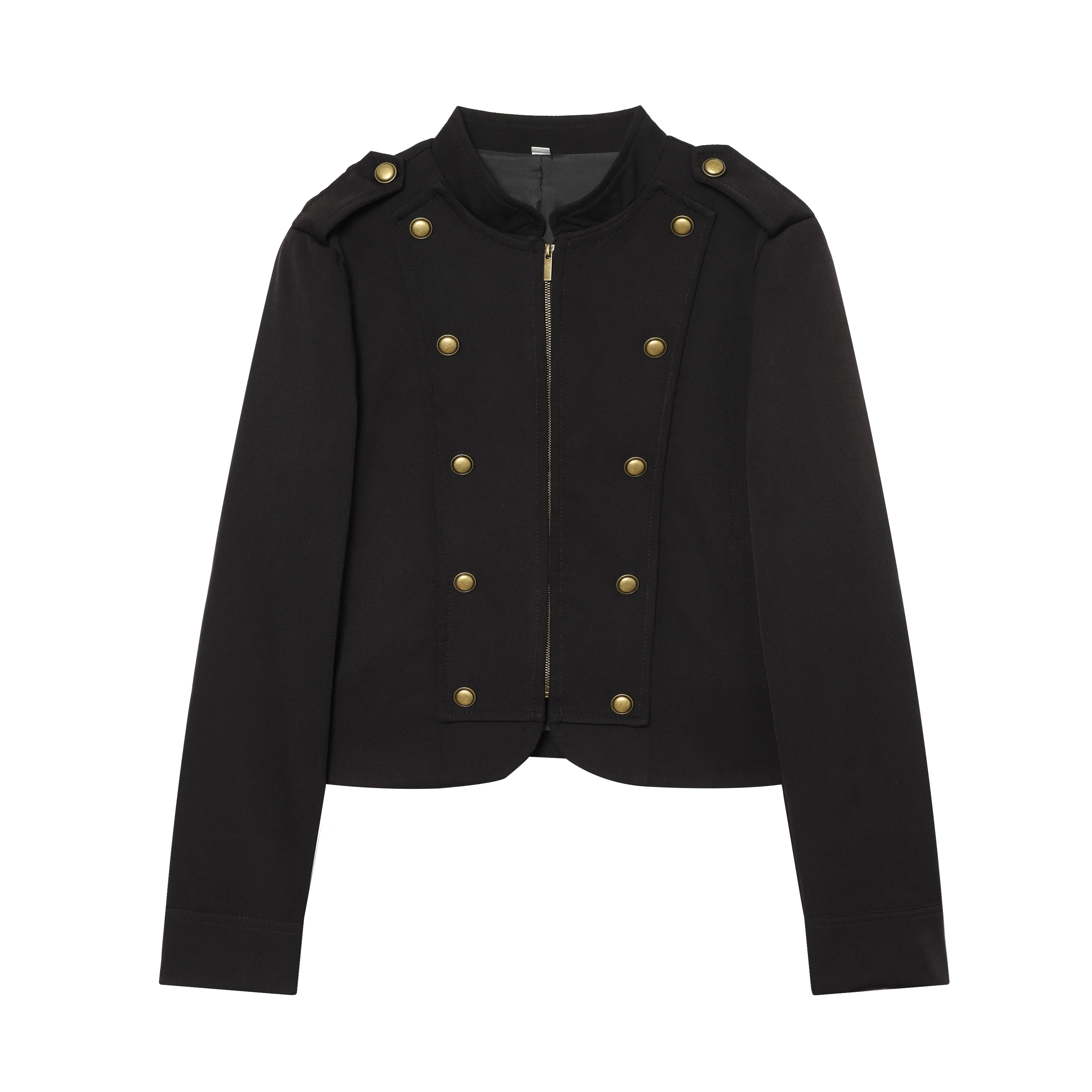2026 Autumn Women's Elegant Napoleon Black Gold Buttons Jackets Lady Vintage Slim Zipper Epaulet Cropped Street Short Coats Top