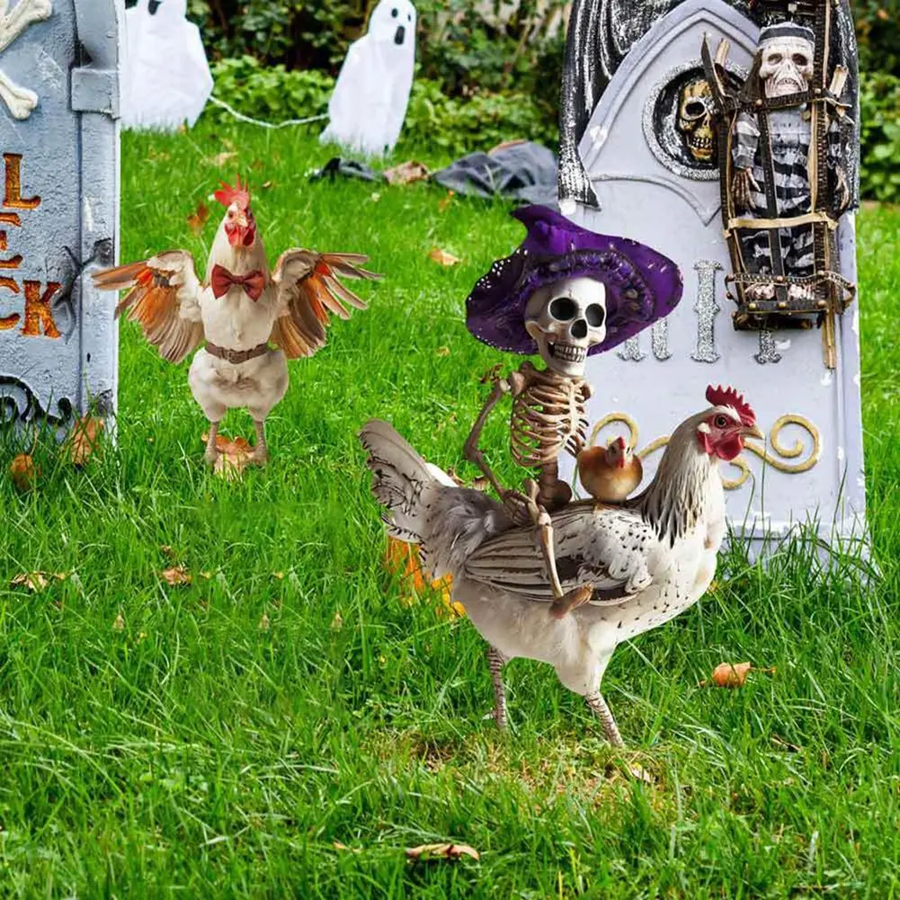 AB11-2PCS Halloween Metal Yard Decoration Skeleton Riding Rooster Metal Yard Sign Imitation Halloween Ornament