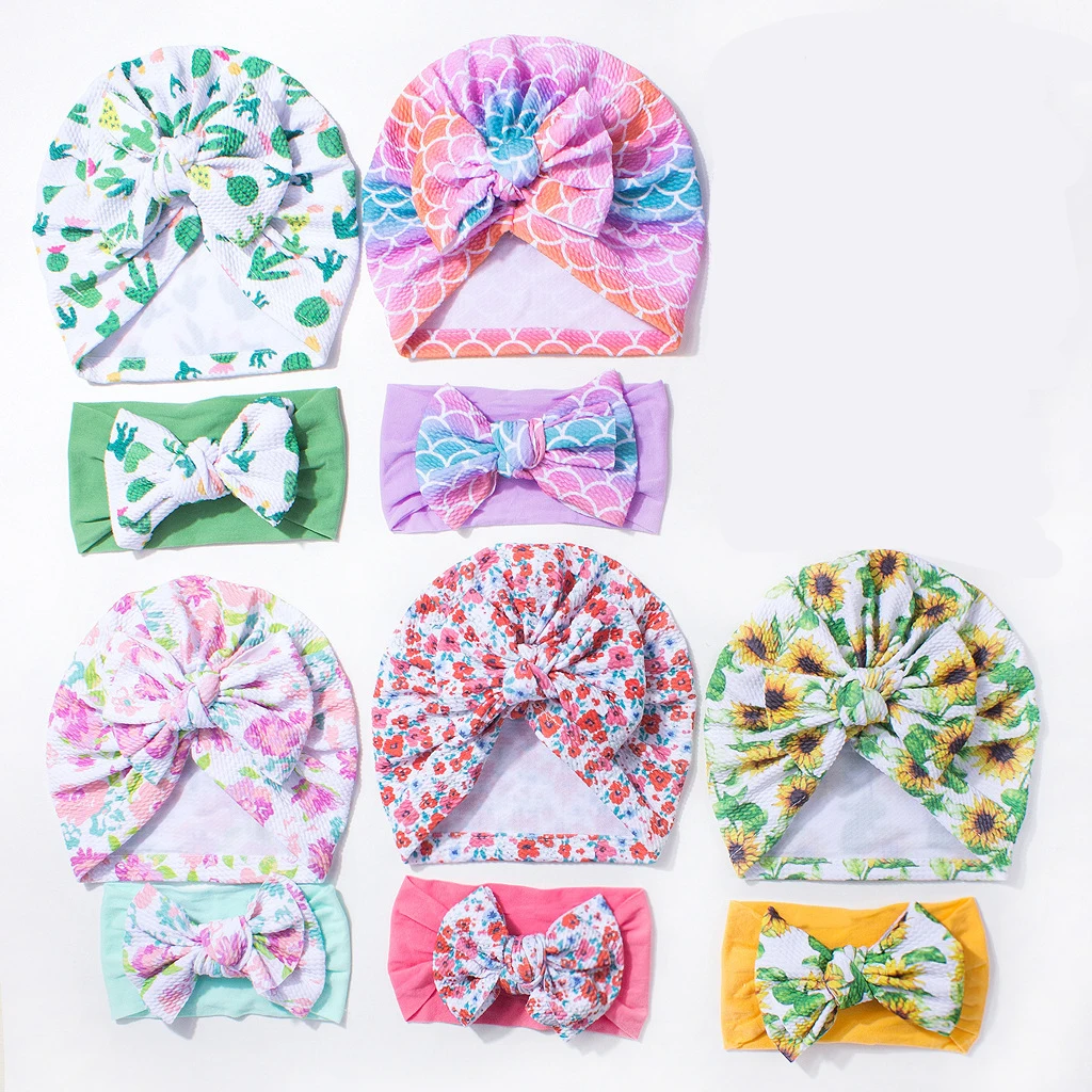 

Новая детская шапочка MILANCEL для новорожденных 0-12 месяцев, милая шапочка с цветочным узором для девочек + повязка на голову, 5 цветов, милый бант, вентилируемые аксессуары для малышей, 2 шт.