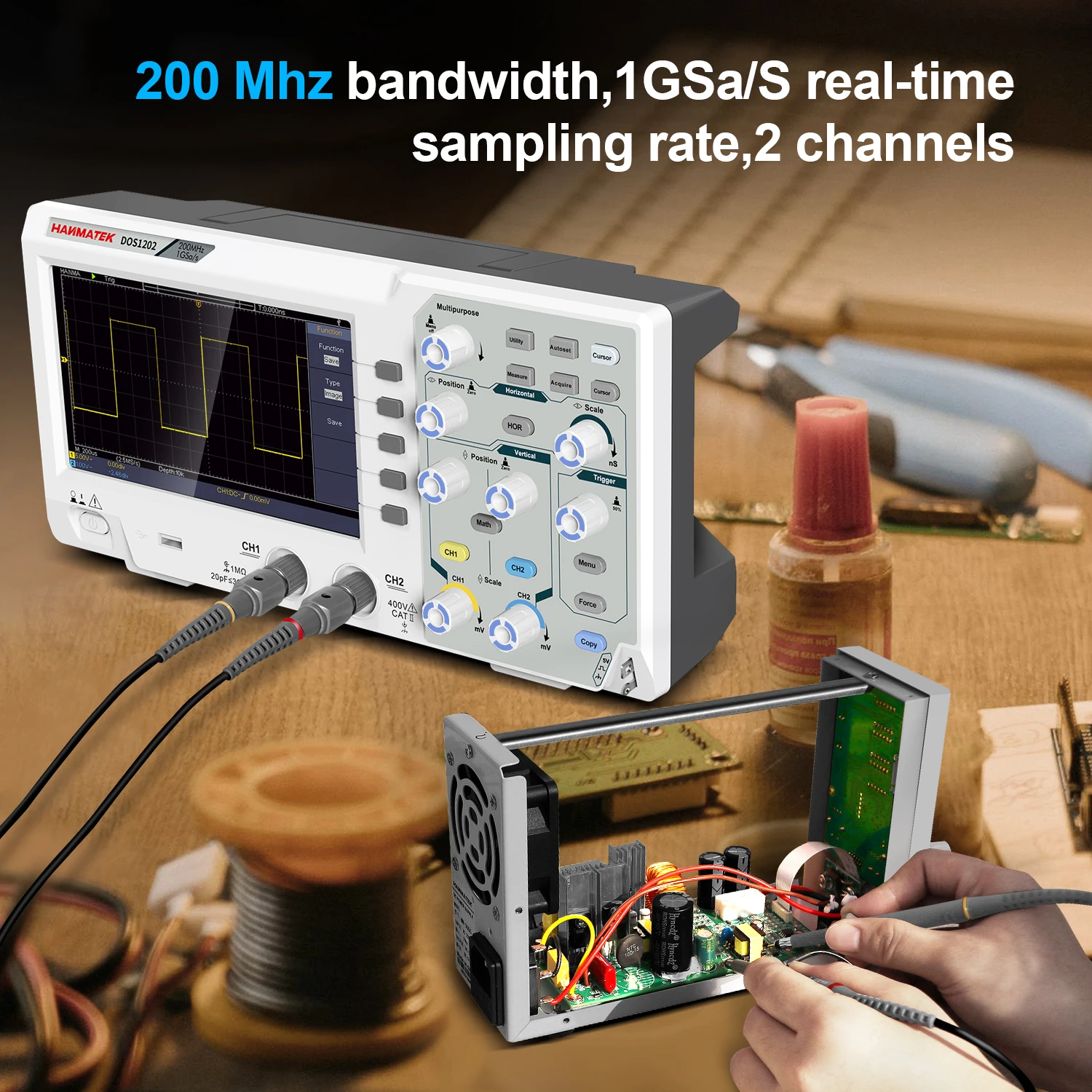 Hanmatek Digital Oscilloscope 2 Channels 200MhZ Bandwidth 1000MS/s Sampling Rate 7-inch TFT Storage Desktop Oscilloscope