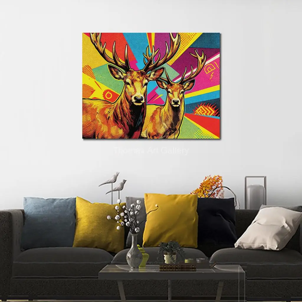 Oversized Two Stags Canvas Print Large Pop Art Colorful Geometric Wildlife Animal Wall Decor for Dining Room Hallway